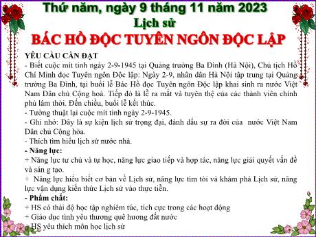 Bài giảng Lịch sử 5 - Bài 10: Bác Hồ đọc tuyên ngôn độc lập - Năm học 2023-2024 - Lê Thị Kiều