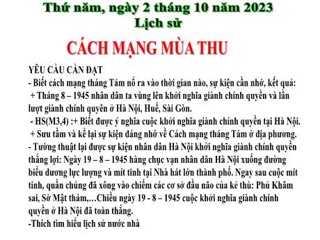 Bài giảng Lịch sử 5 - Bài 9: Cách mạng mùa thu - Năm học 2023-2024 - Lê Thị Kiều