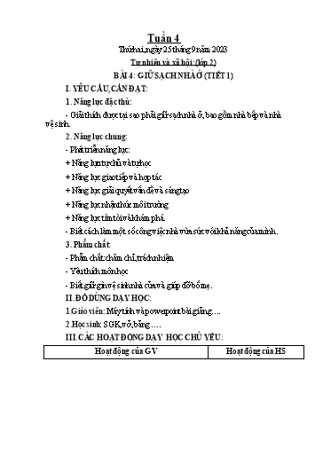 Giáo án Tự nhiên và xã hội 1+2 (Kết nối tri thức) - Tuần 4 - Năm học 2023-2024 - Phan Thị Ánh Tuyết